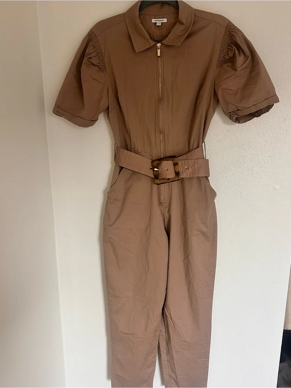 WeWoreWhat Taupe Short-Sleeve Belted Jumpsuit - Picture 5 of 6